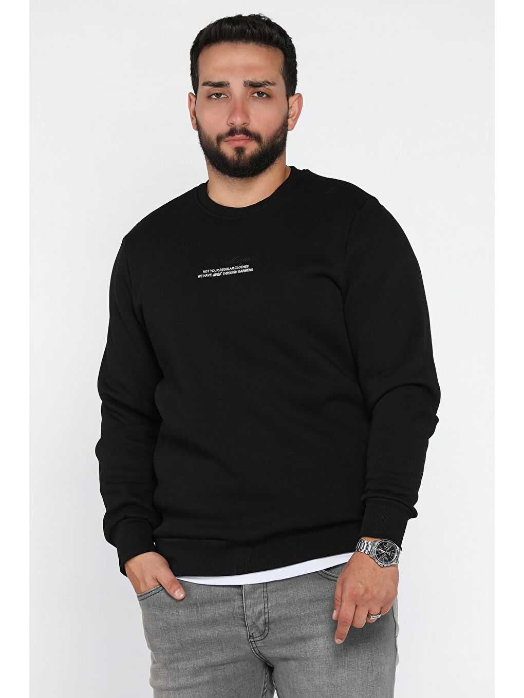 Siyah Üç İplik Şardonlu Baskılı Erkek Sweatshirt