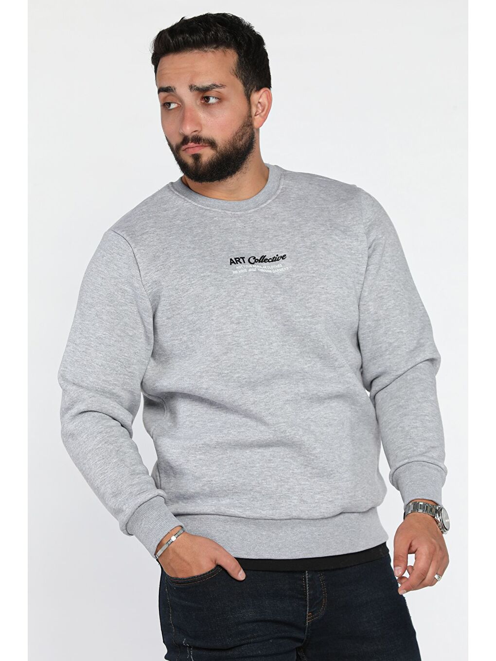 Gri Üç İplik Şardonlu Baskılı Erkek Sweatshirt-1