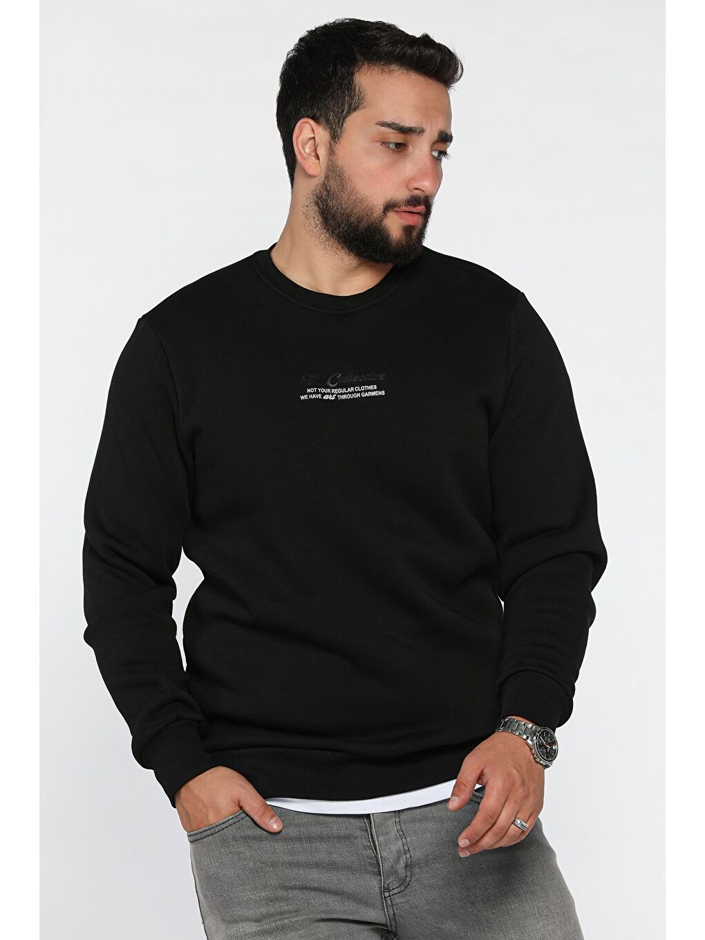 Siyah Üç İplik Şardonlu Baskılı Erkek Sweatshirt-1