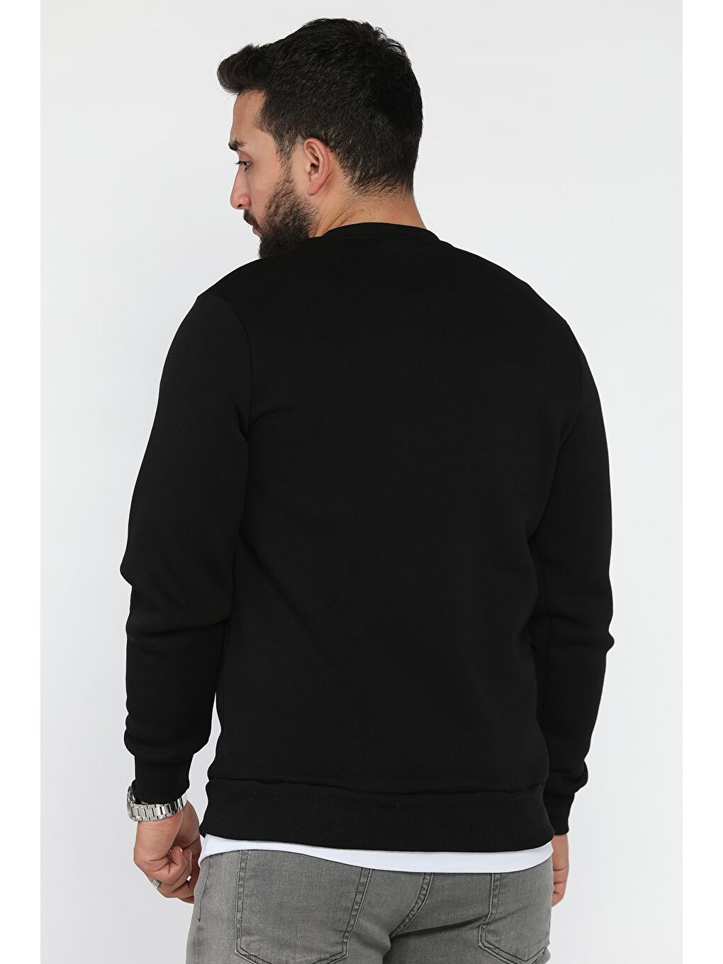 Siyah Üç İplik Şardonlu Baskılı Erkek Sweatshirt-2