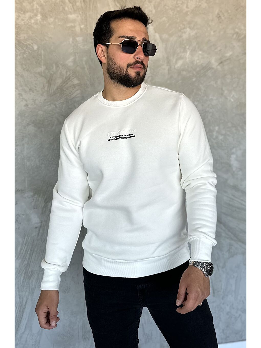 Ekru Üç İplik Şardonlu Baskılı Erkek Sweatshirt-1