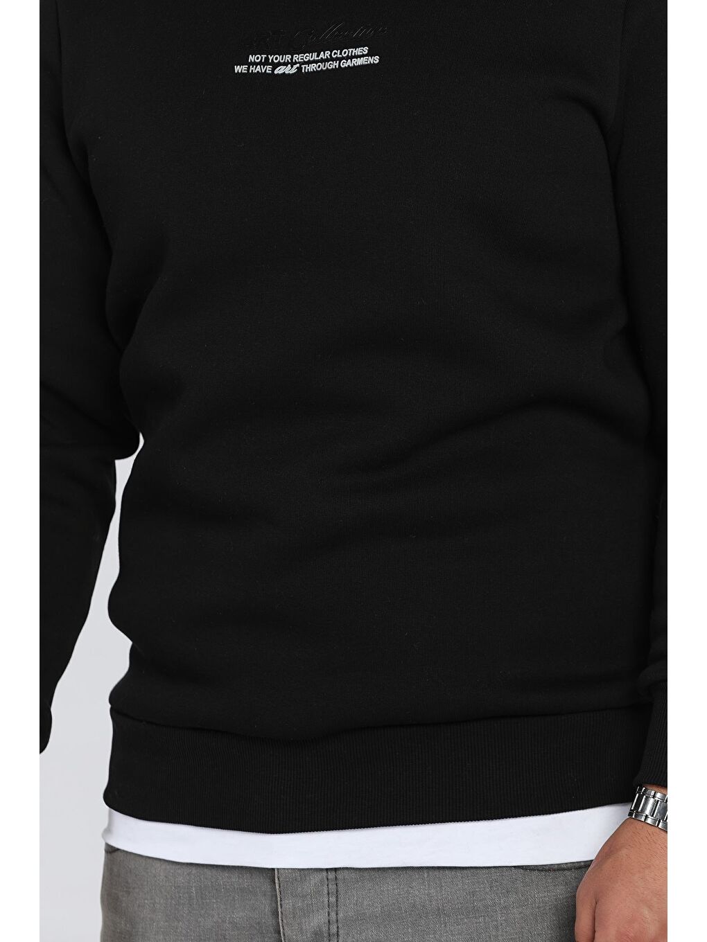 Siyah Üç İplik Şardonlu Baskılı Erkek Sweatshirt-3