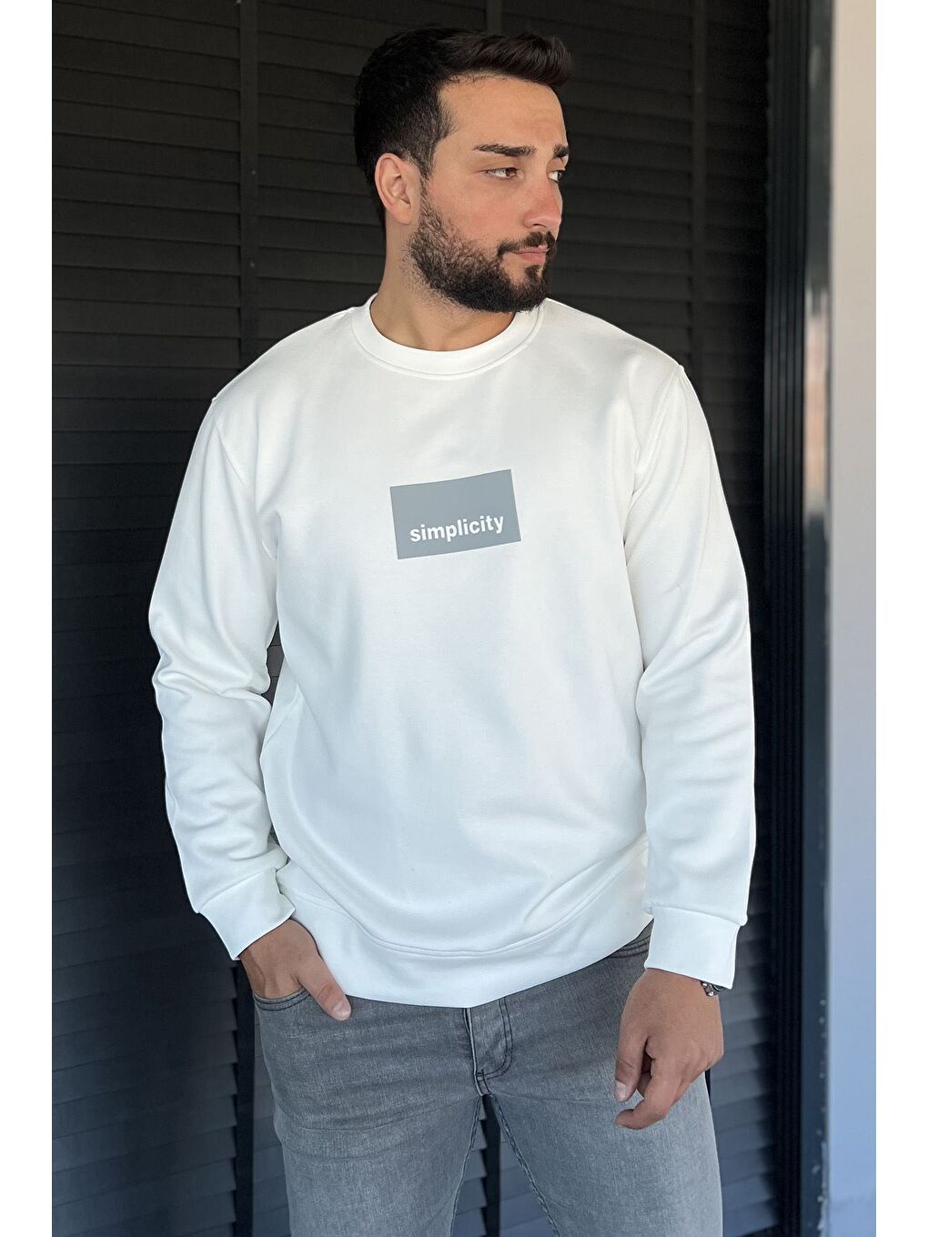Ekru Bisiklet Yaka Double Face Erkek Sweatshirt