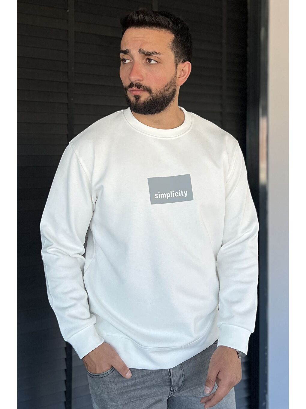 Ekru Bisiklet Yaka Double Face Erkek Sweatshirt-1