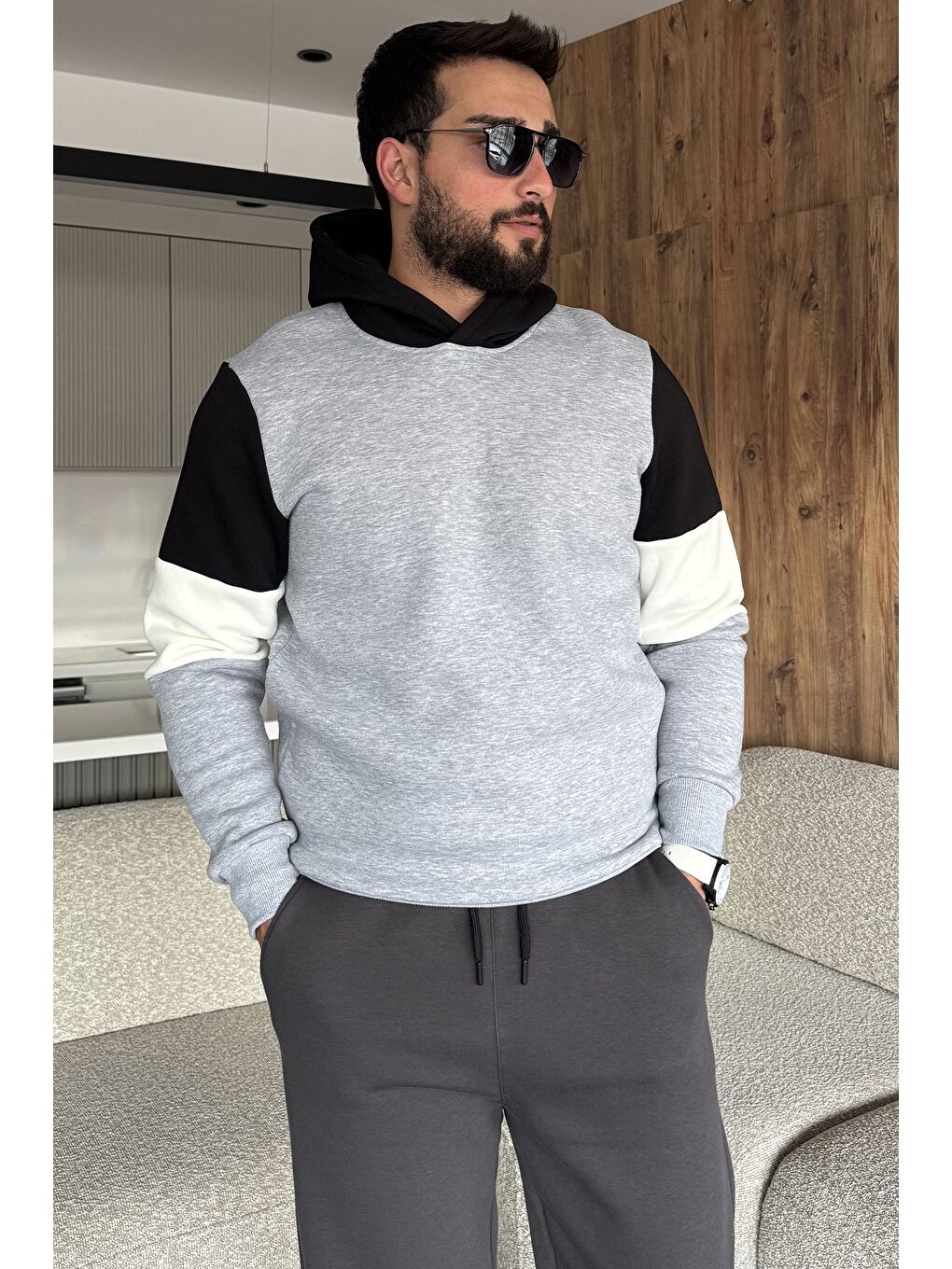 Gri Erkek Kapüşonlu Üç İplik Şardonlu Sweatshirt