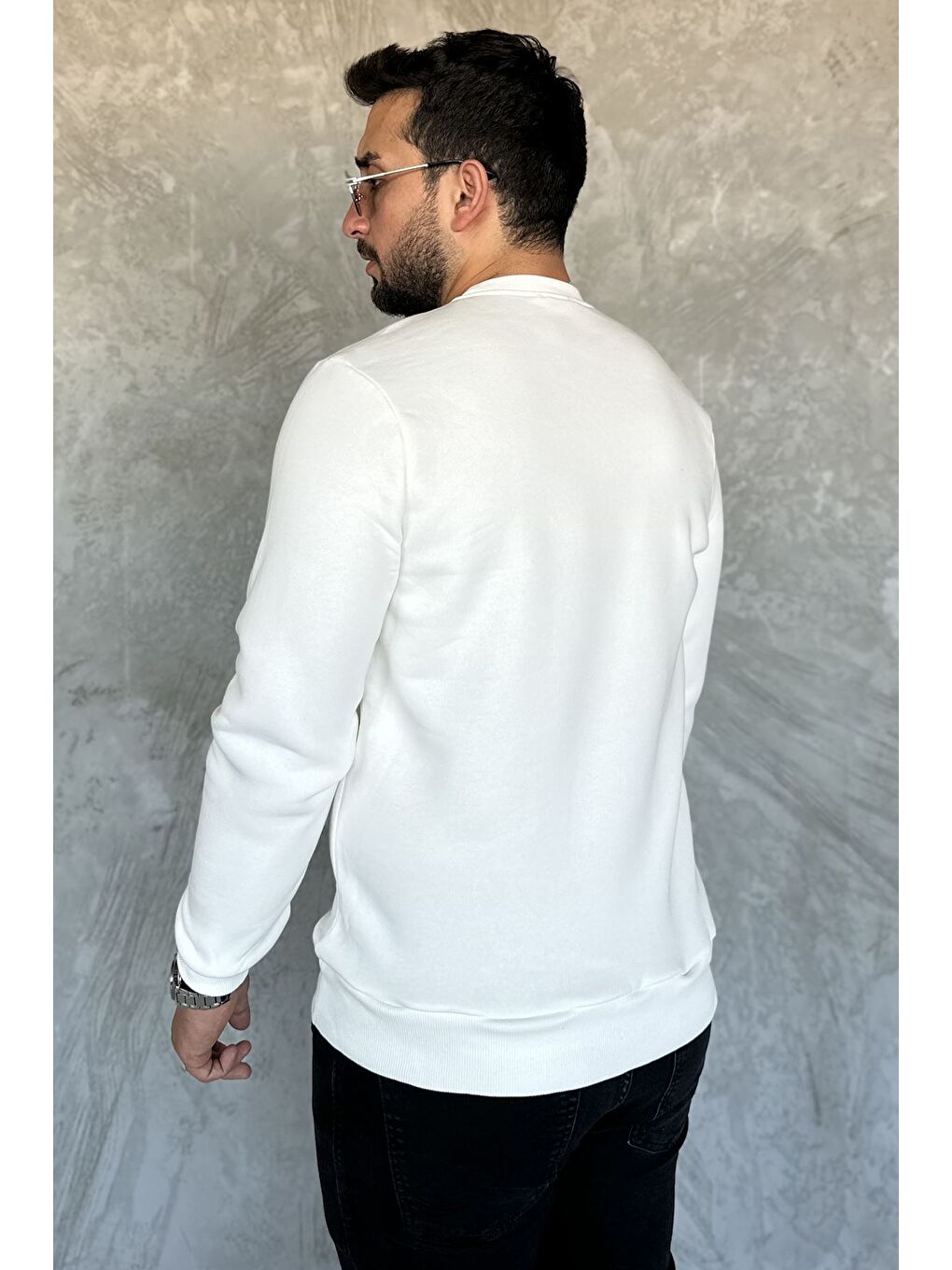 Ekru Üç İplik Şardonlu Baskılı Erkek Sweatshirt-4