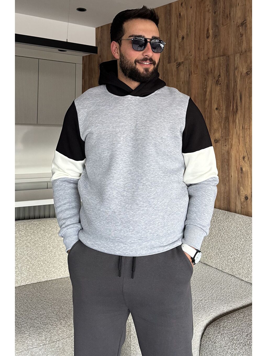 Gri Erkek Kapüşonlu Üç İplik Şardonlu Sweatshirt-1