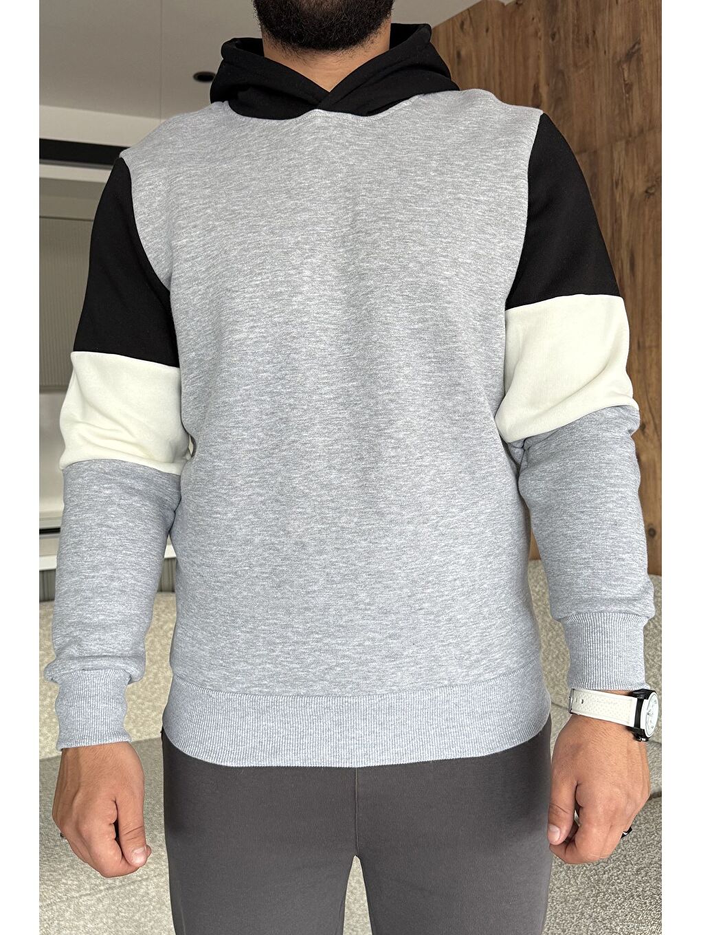 Gri Erkek Kapüşonlu Üç İplik Şardonlu Sweatshirt-2