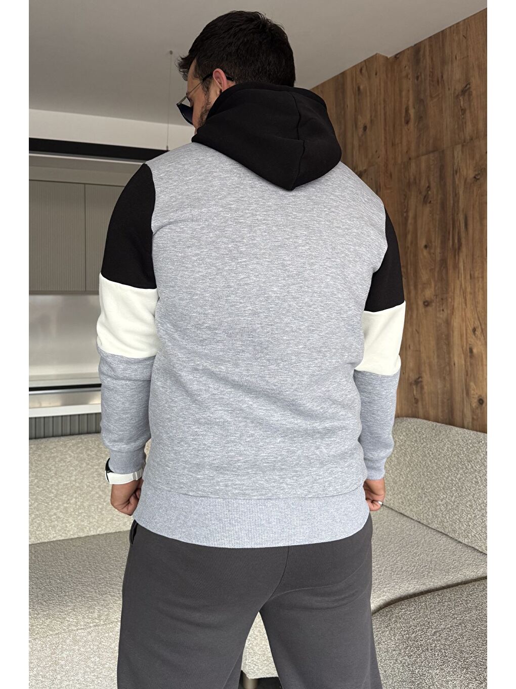 Gri Erkek Kapüşonlu Üç İplik Şardonlu Sweatshirt-3