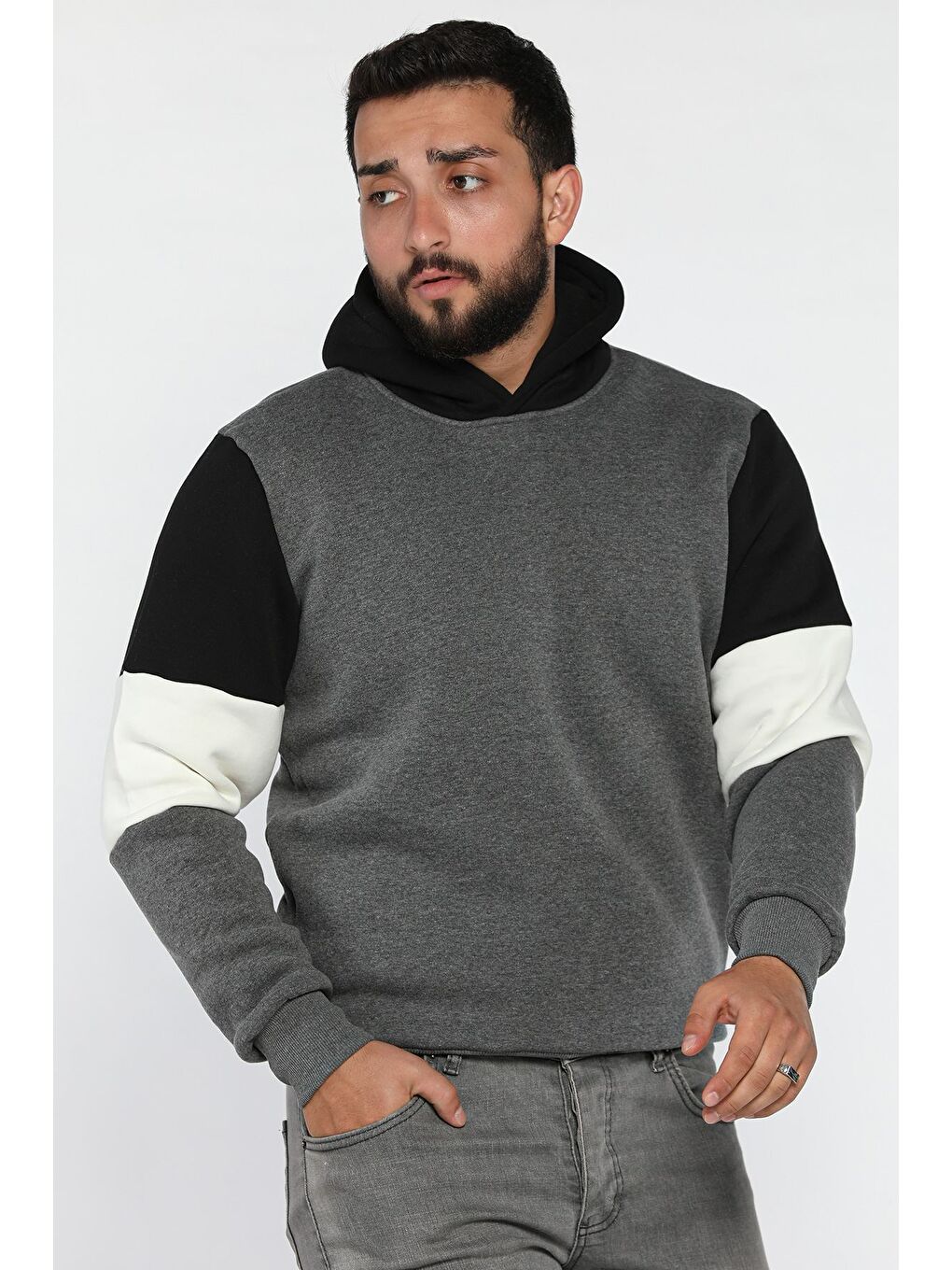 Antrasit Erkek Kapüşonlu Üç İplik Şardonlu Sweatshirt-1