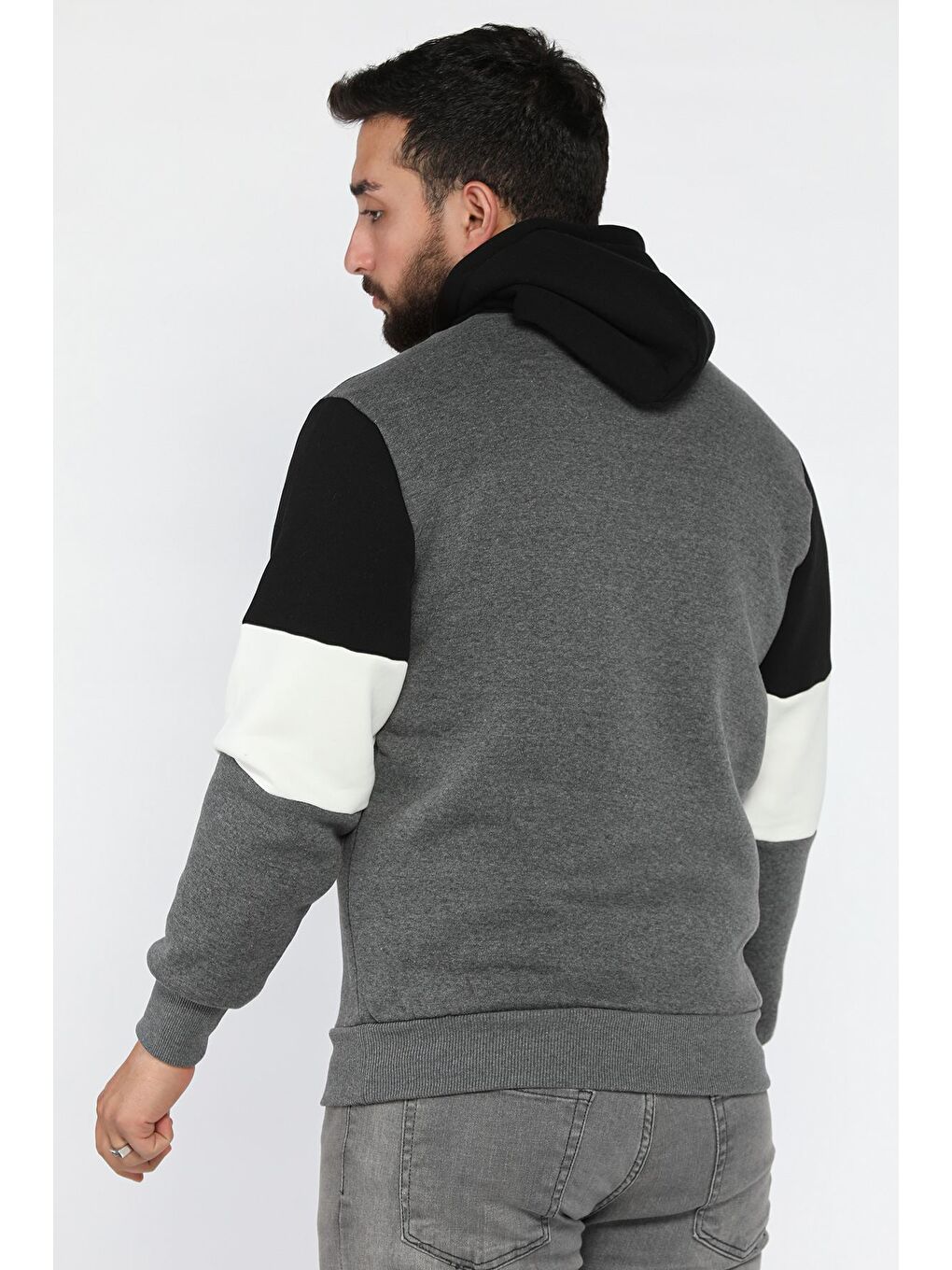 Antrasit Erkek Kapüşonlu Üç İplik Şardonlu Sweatshirt-2