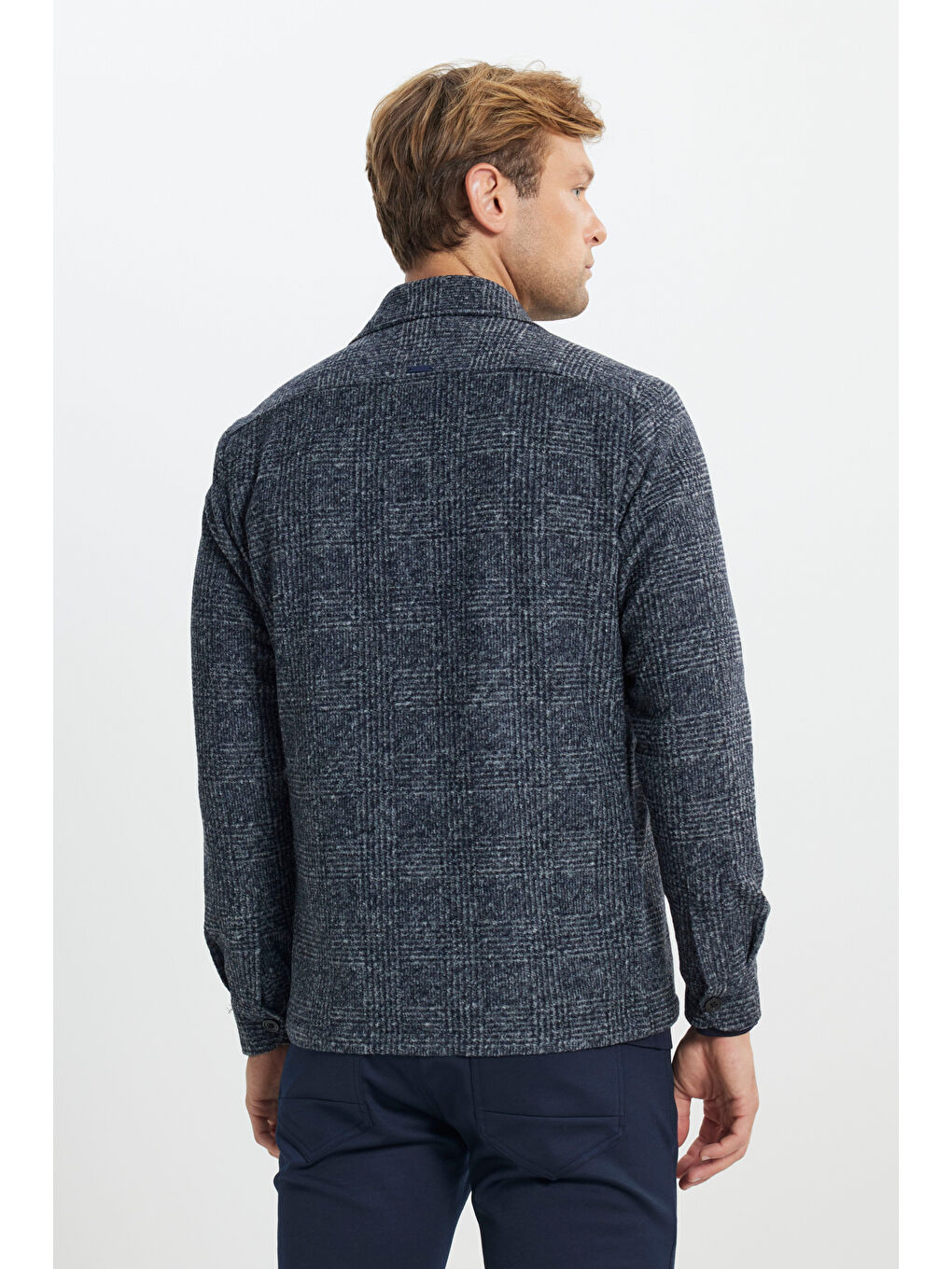 Erkek Lacivert-Gri Yünlü Comfort Fit Rahat Kesim Gömlek Yaka Ekose Desenli Çift Kapak Cepli Ceket-5