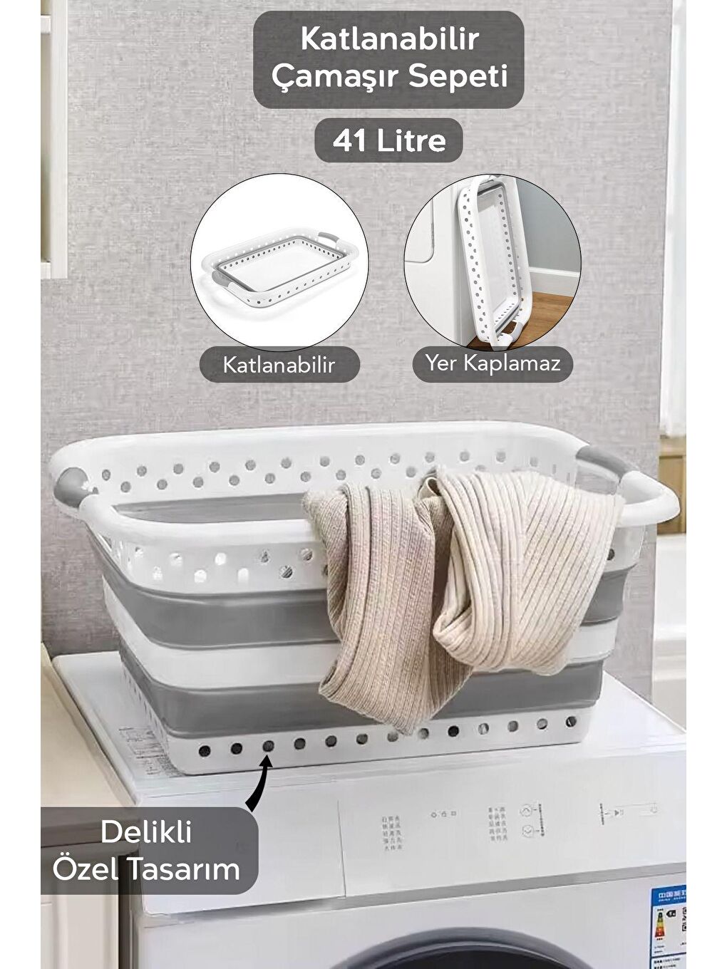Gri Katlanabilir Silikon Çamaşır Sepeti, Akordiyon Mega Boy Katlanır Çamaşır Septi