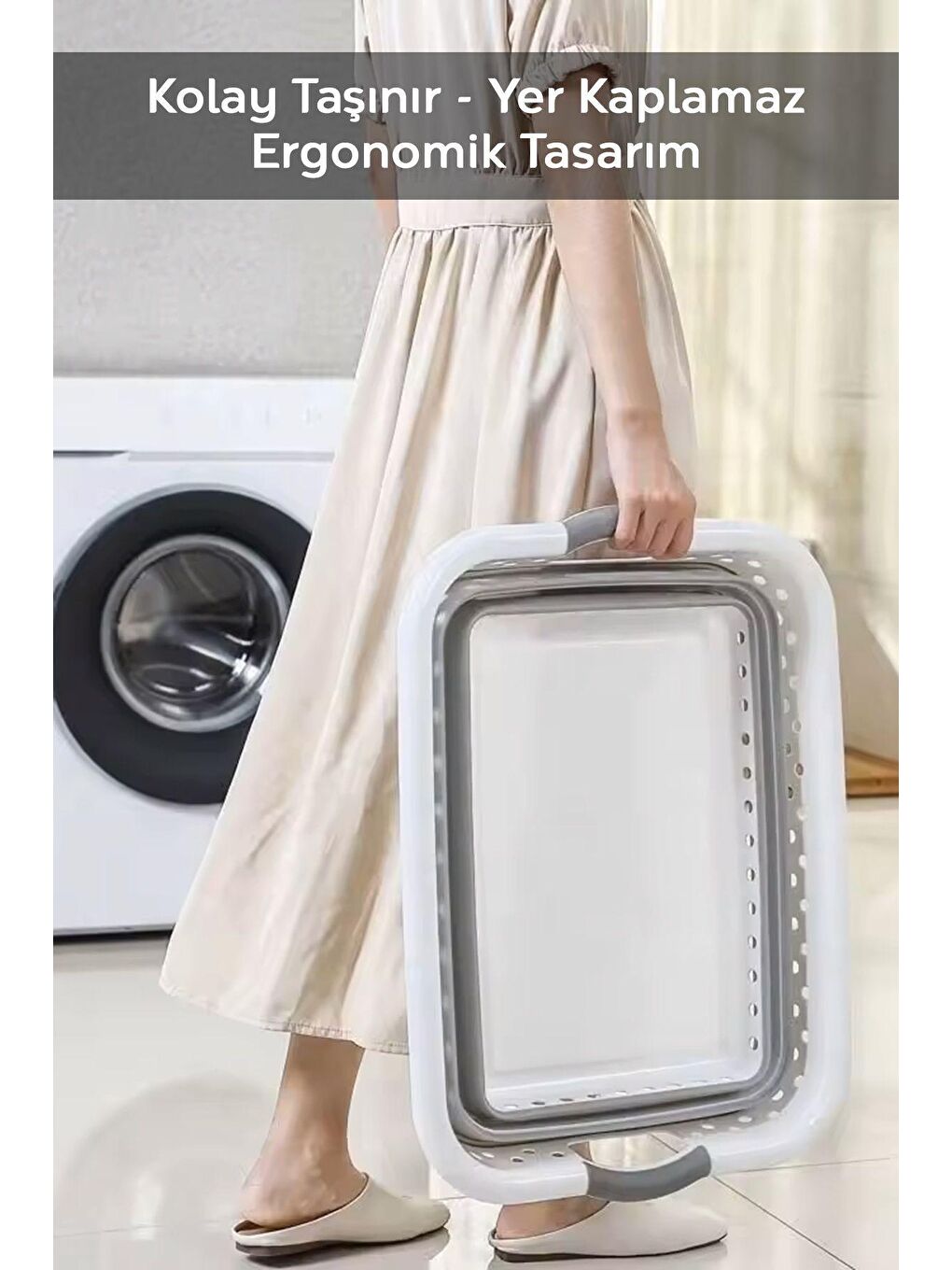 Gri Katlanabilir Silikon Çamaşır Sepeti, Akordiyon Mega Boy Katlanır Çamaşır Septi-2