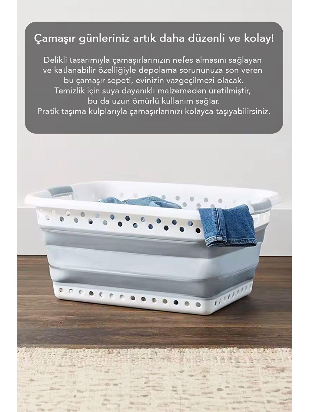 Gri Katlanabilir Silikon Çamaşır Sepeti, Akordiyon Mega Boy Katlanır Çamaşır Septi-3