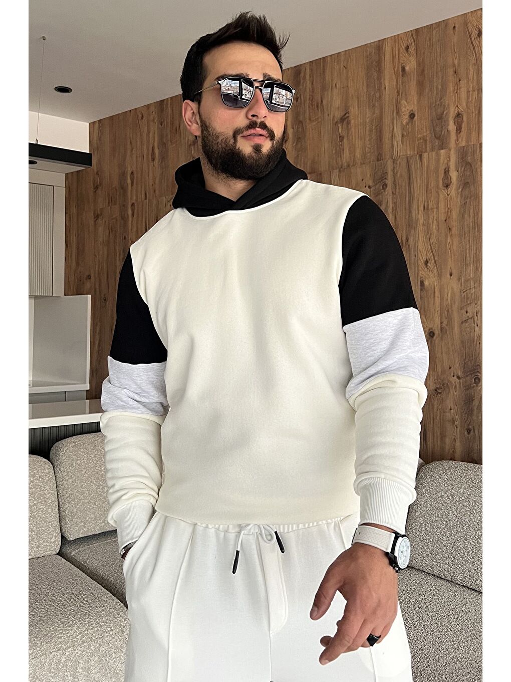 Ekru Erkek Kapüşonlu Üç İplik Şardonlu Sweatshirt