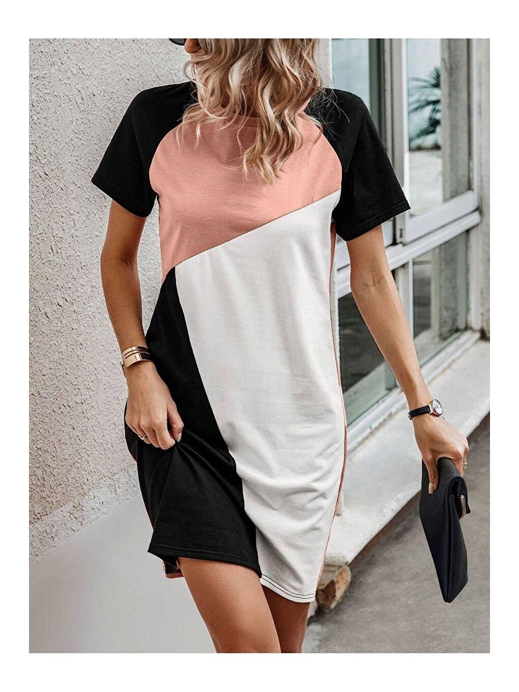 Pembe Kadın Gül Kurusu Çift Renk Tişört Elbise