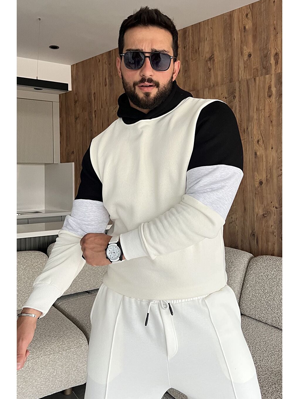 Ekru Erkek Kapüşonlu Üç İplik Şardonlu Sweatshirt-1