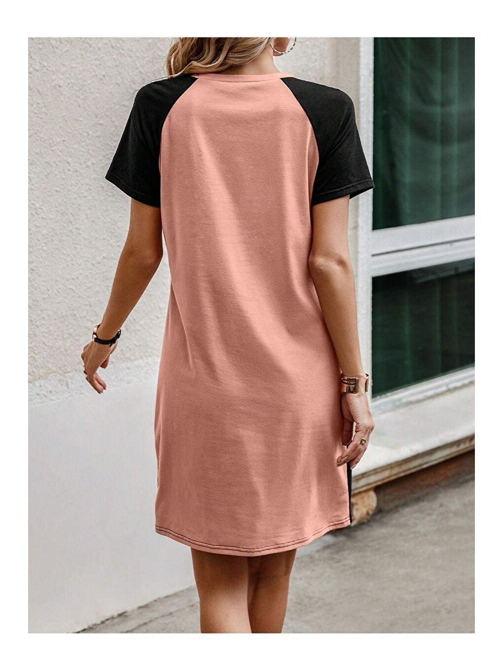 Pembe Kadın Gül Kurusu Çift Renk Tişört Elbise-1