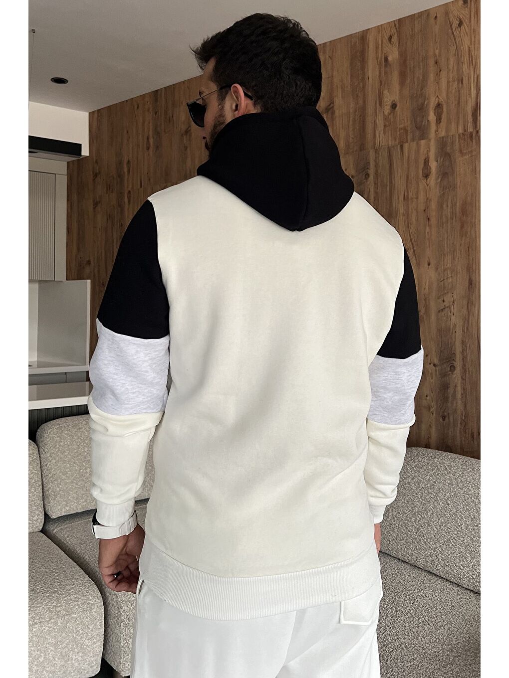 Ekru Erkek Kapüşonlu Üç İplik Şardonlu Sweatshirt-3