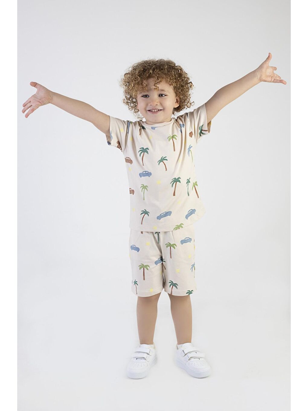 Ekru Erkek Çocuk Palmiye Baskılı Çizgili Kısa Kollu Şortlu Alt Üst Takım-1