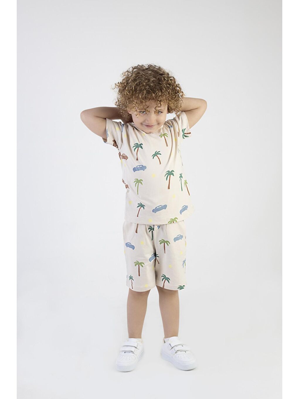 Ekru Erkek Çocuk Palmiye Baskılı Çizgili Kısa Kollu Şortlu Alt Üst Takım-2