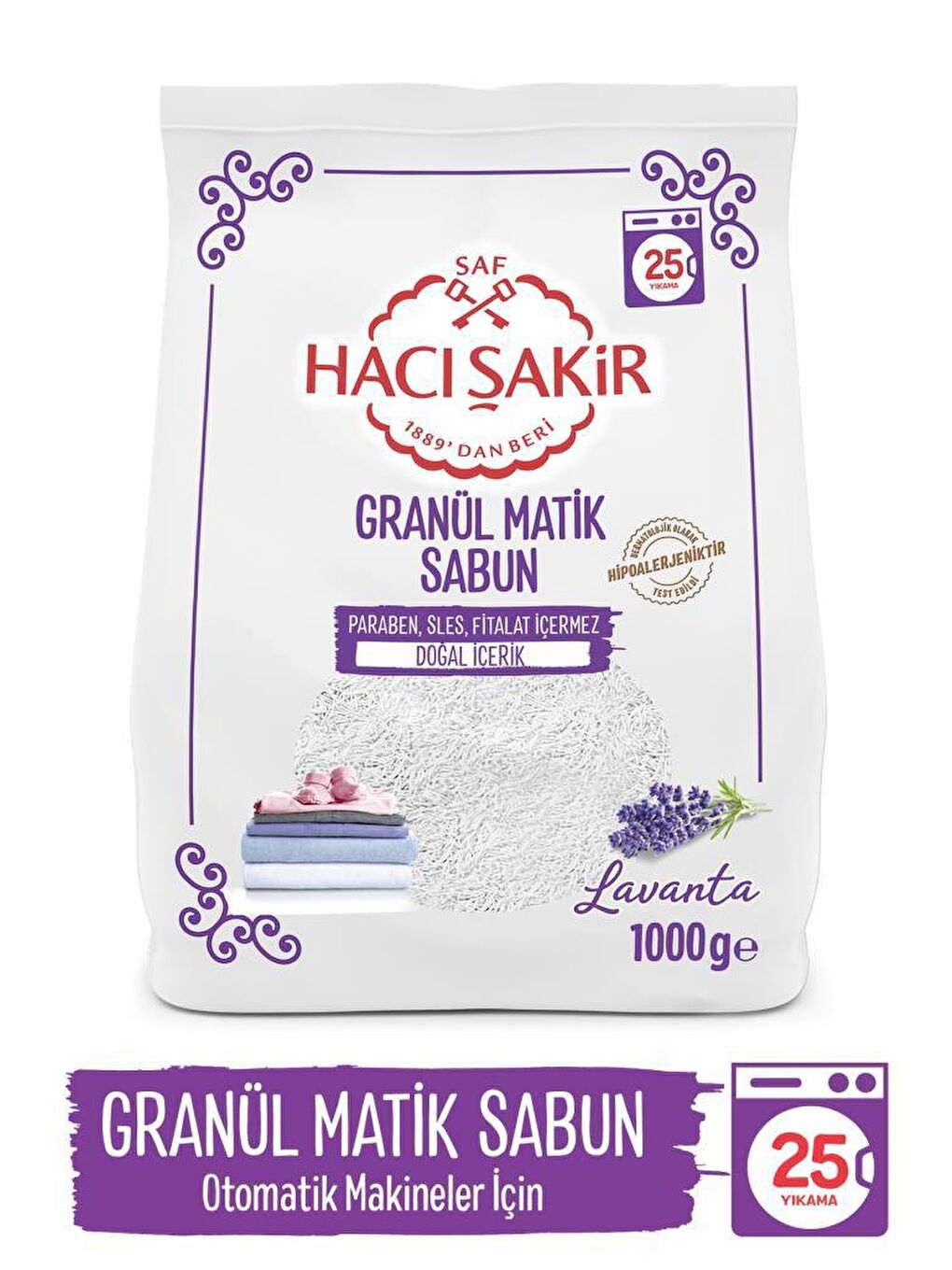 Hacı Şakir Beyaz Lavanta Otomatik Makineler İçin 25 Yıkama Granül Matik Sabun 1000 g