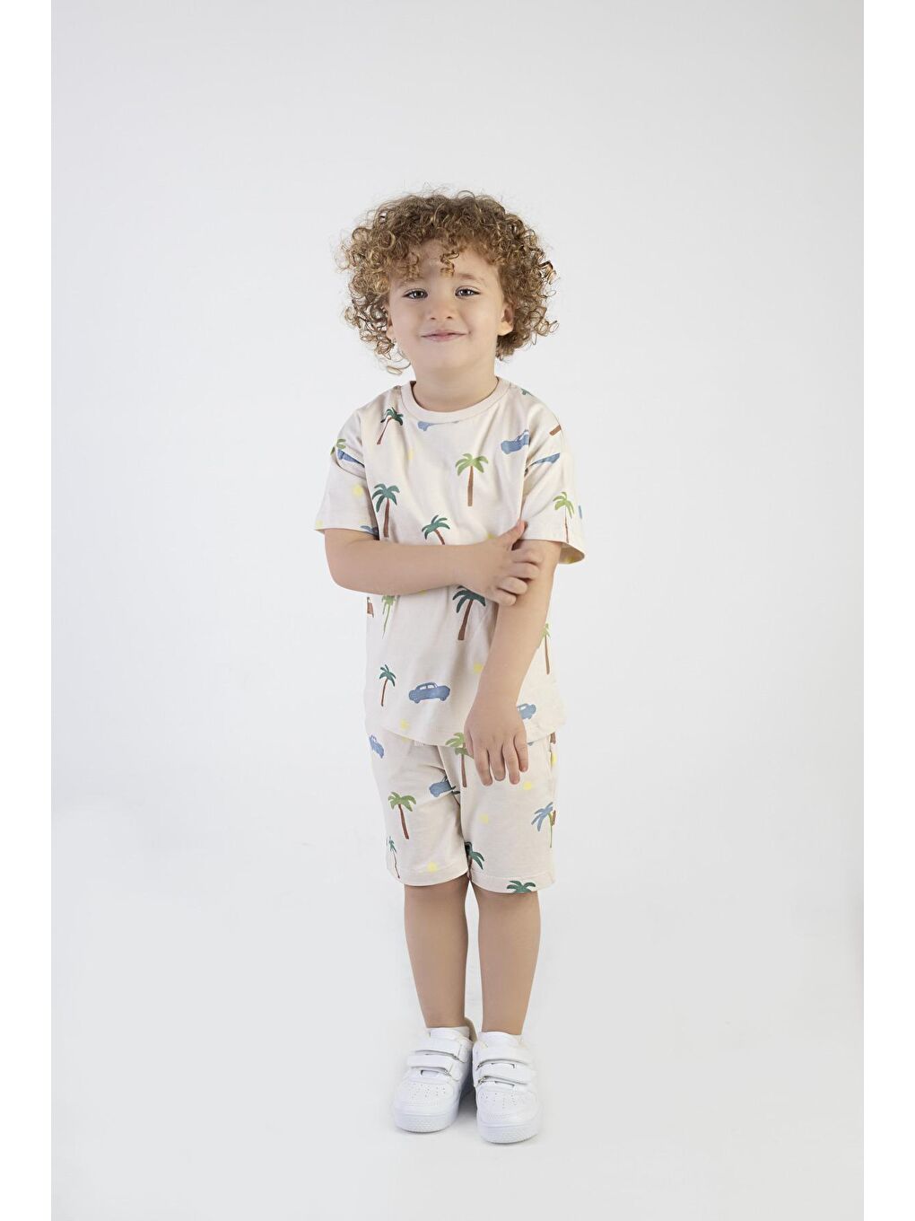 Ekru Erkek Çocuk Palmiye Baskılı Çizgili Kısa Kollu Şortlu Alt Üst Takım-3