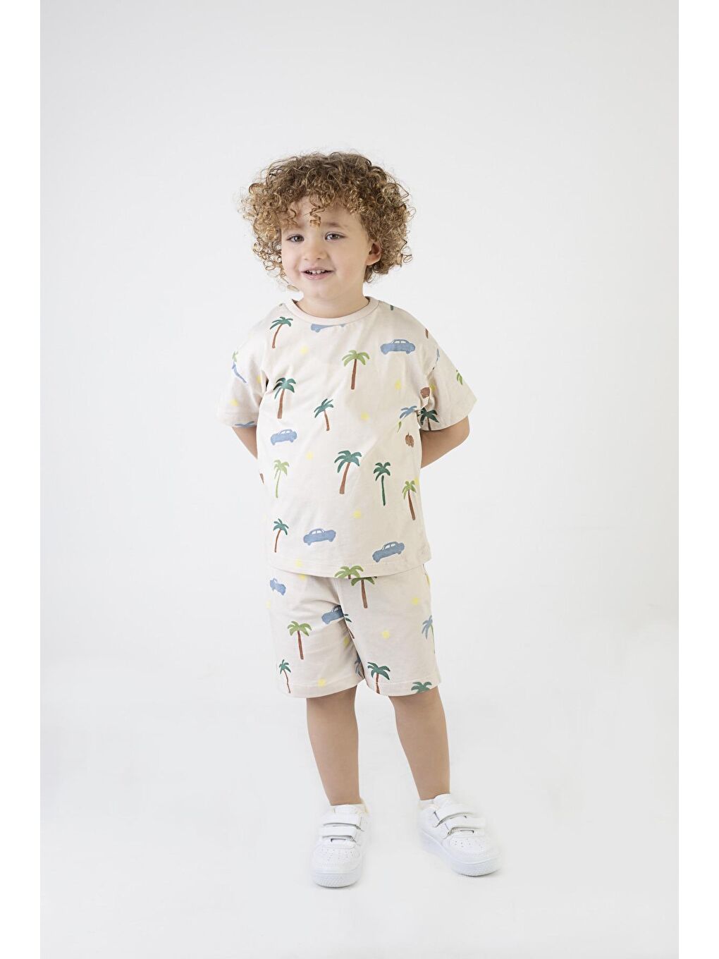 Ekru Erkek Çocuk Palmiye Baskılı Çizgili Kısa Kollu Şortlu Alt Üst Takım-4