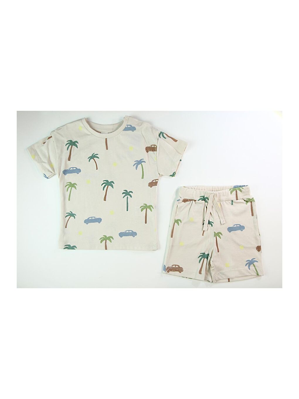 Ekru Erkek Çocuk Palmiye Baskılı Çizgili Kısa Kollu Şortlu Alt Üst Takım-6