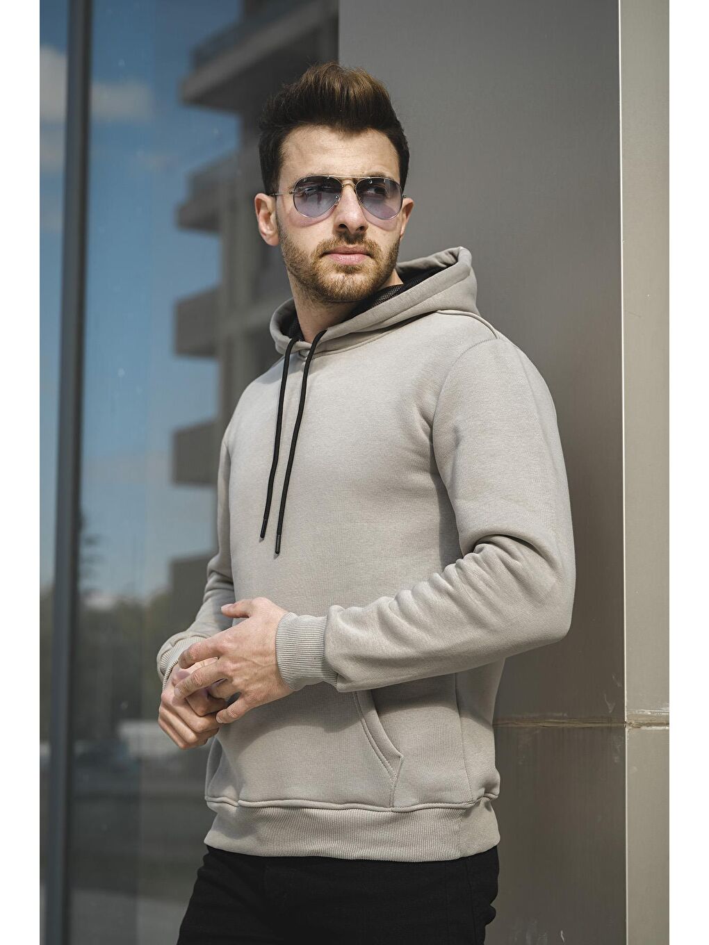 Oksit Yeşil Janvier Üç İplik Şardonlu Fitted Kapüşonlu Basic Erkek Sweatshirt