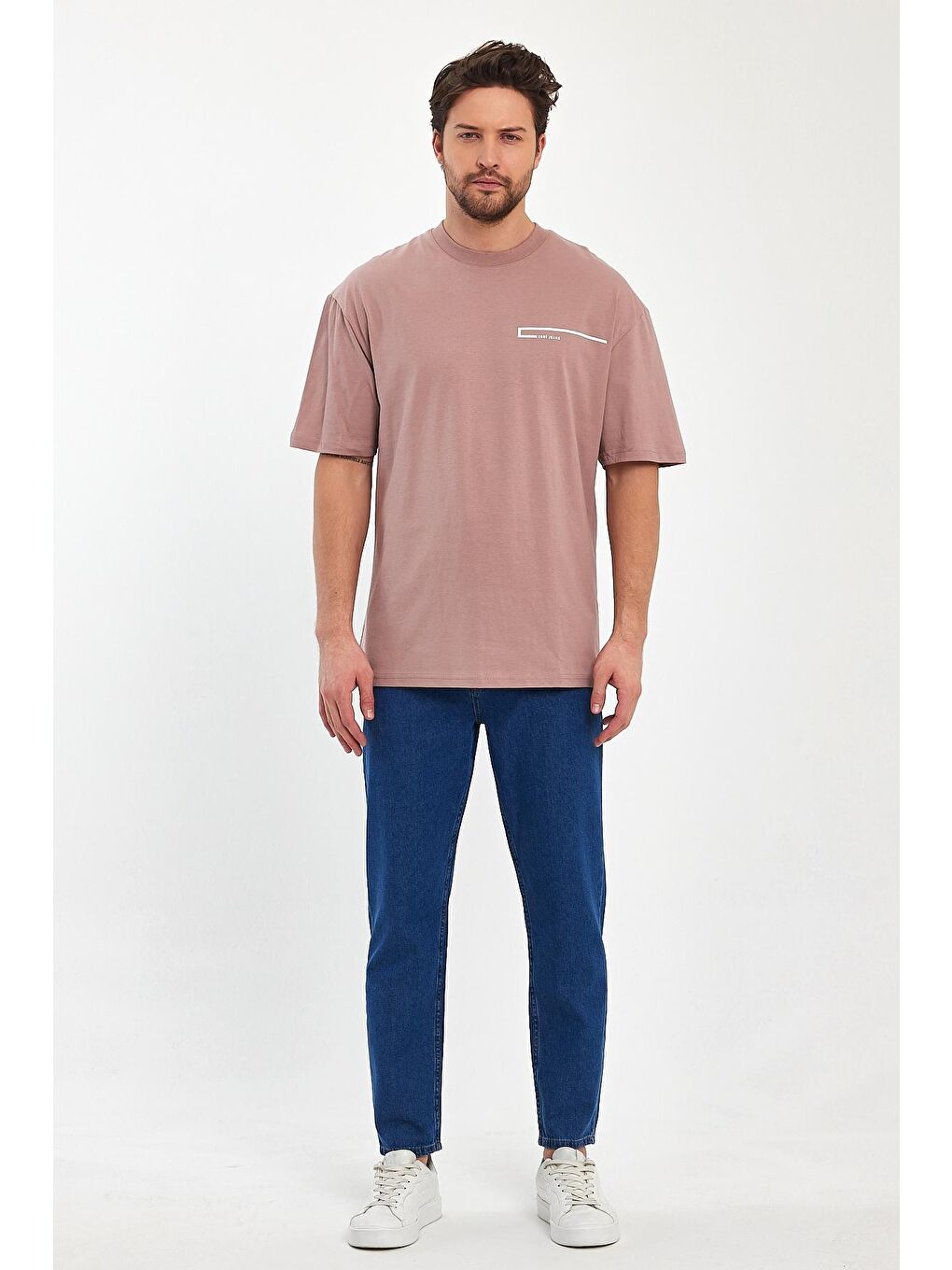 Pembe Önü  Yazılı Bisiklet Yaka Erkek Tişört-1