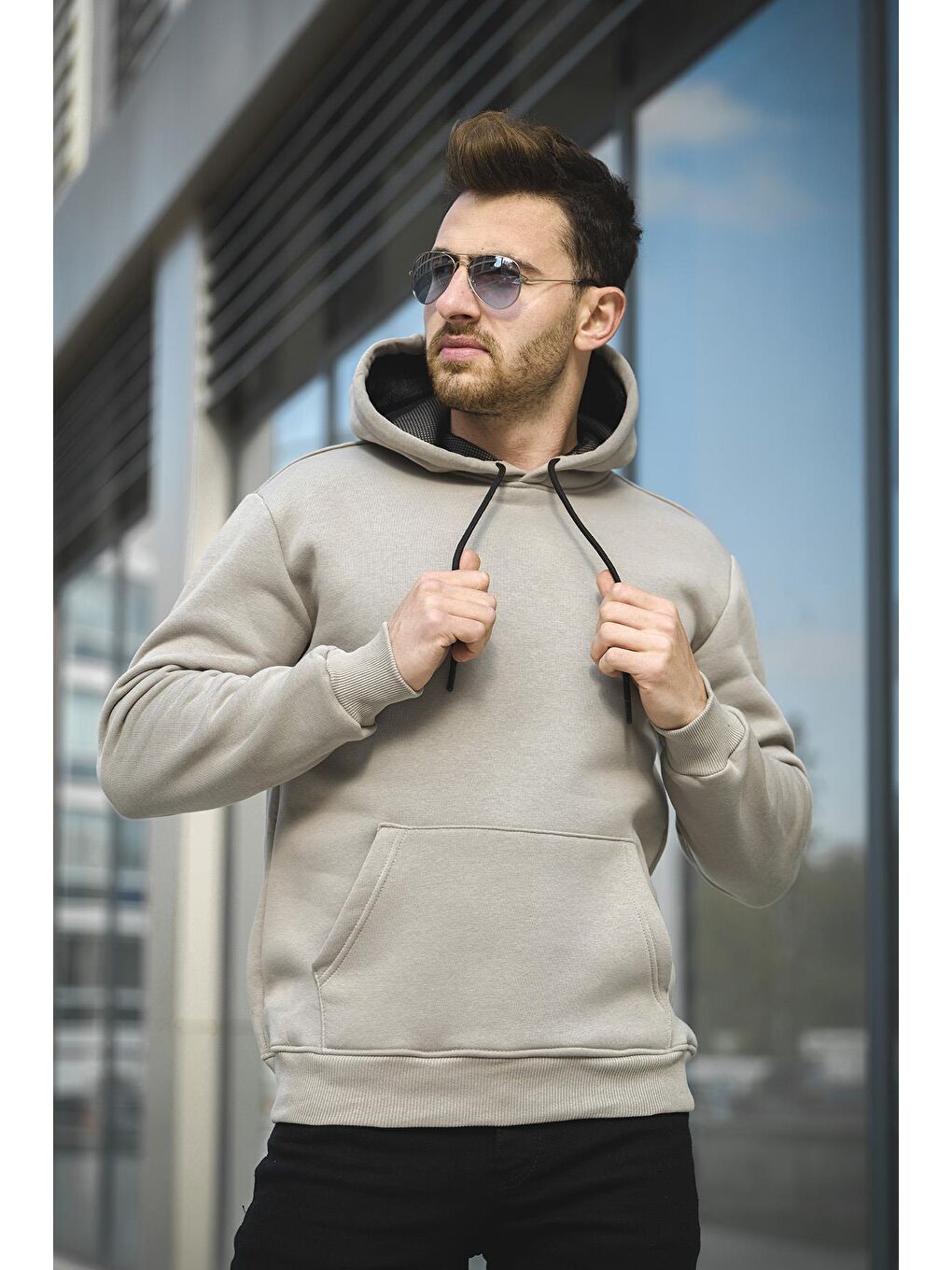 Oksit Yeşil Janvier Üç İplik Şardonlu Fitted Kapüşonlu Basic Erkek Sweatshirt - 1