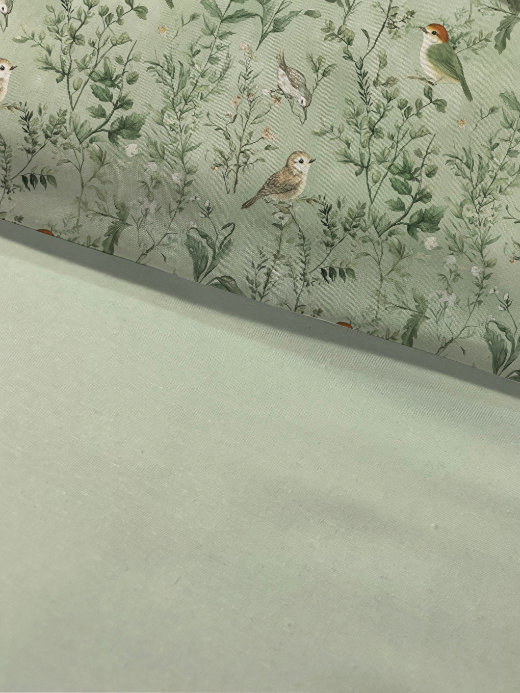 Adaçayı Yeşili Kuş ve Yaprak Desenli Çift Kişilik Nevresim Takımı - Çift Taraflı Kullanım 200x220cm-2