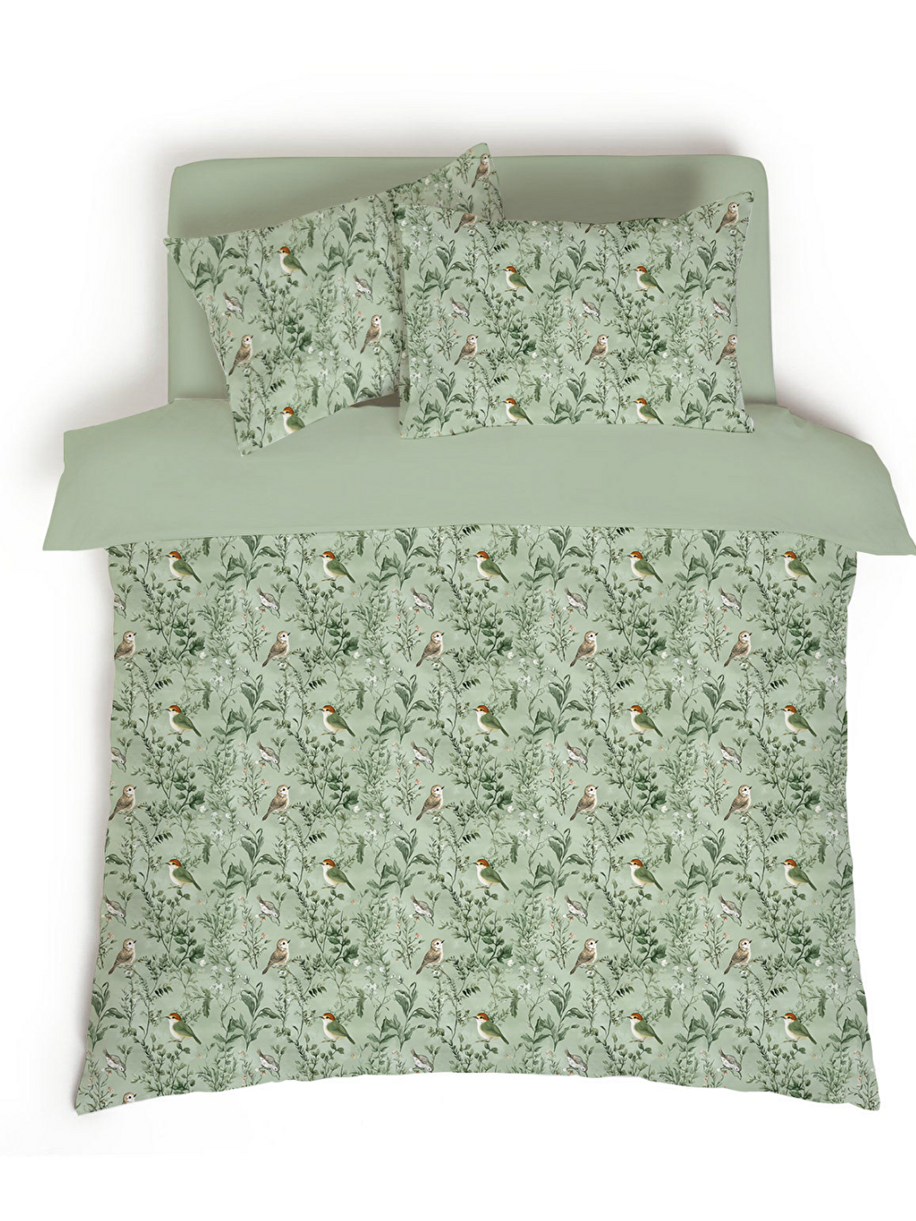 Adaçayı Yeşili Kuş ve Yaprak Desenli Çift Kişilik Nevresim Takımı - Çift Taraflı Kullanım 200x220cm-1