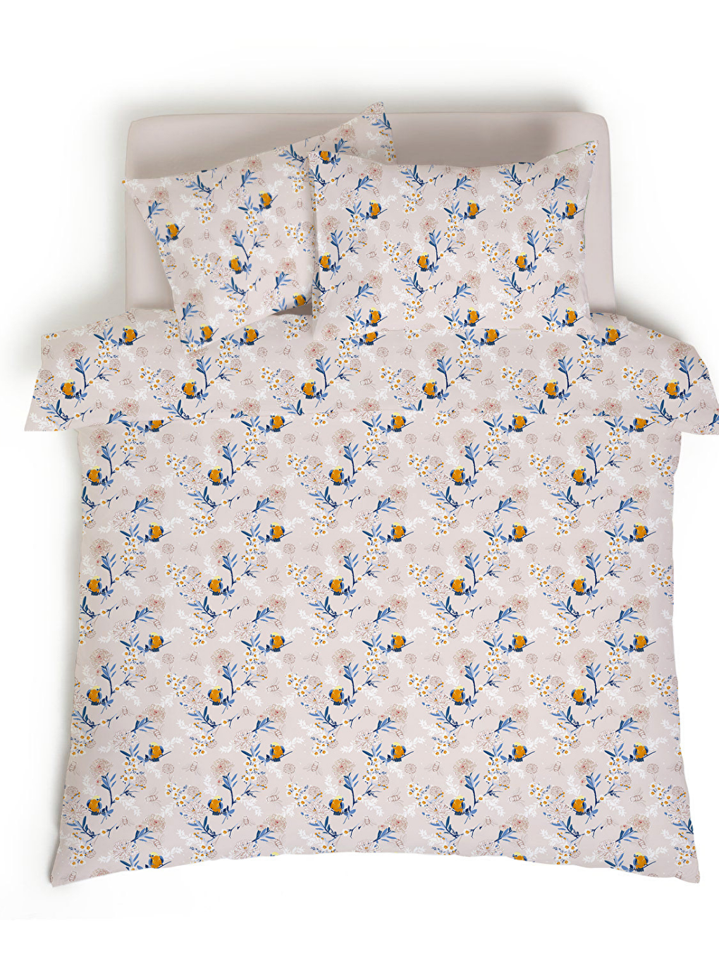 Ekru Modern Vintage Kuş Desenli Çift Kişilik Nevresim (200x220 Cm)-2