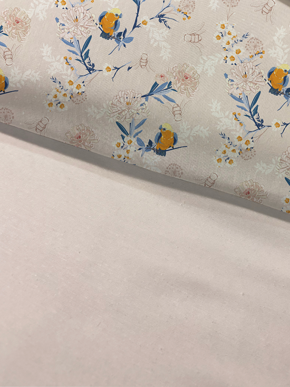 Ekru Modern Vintage Kuş Desenli Çift Kişilik Nevresim (200x220 Cm)-1