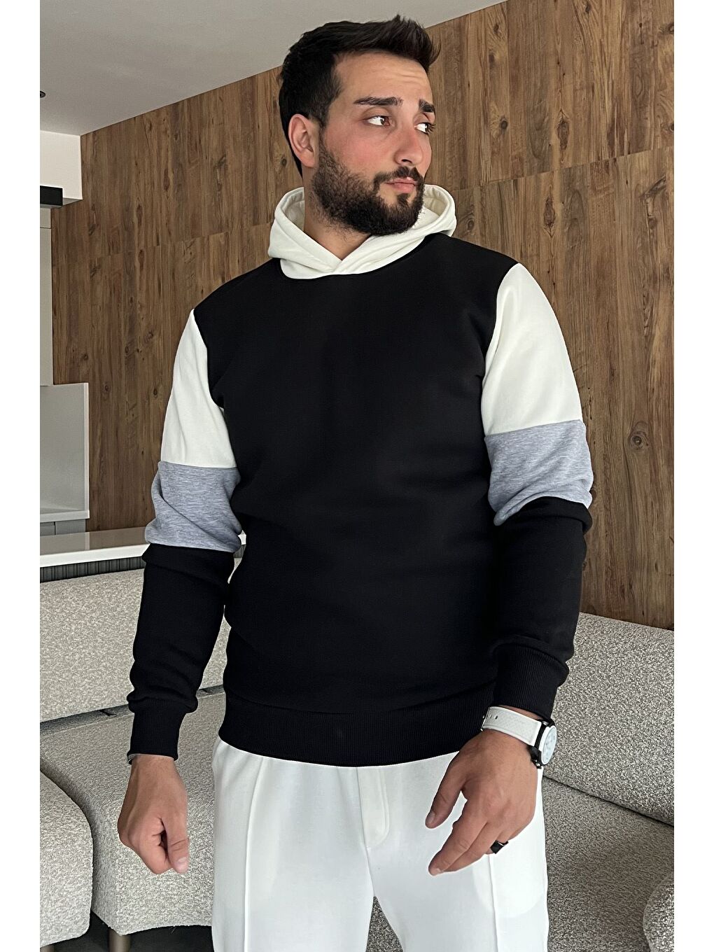 Siyah Erkek Kapüşonlu Üç İplik Şardonlu Sweatshirt