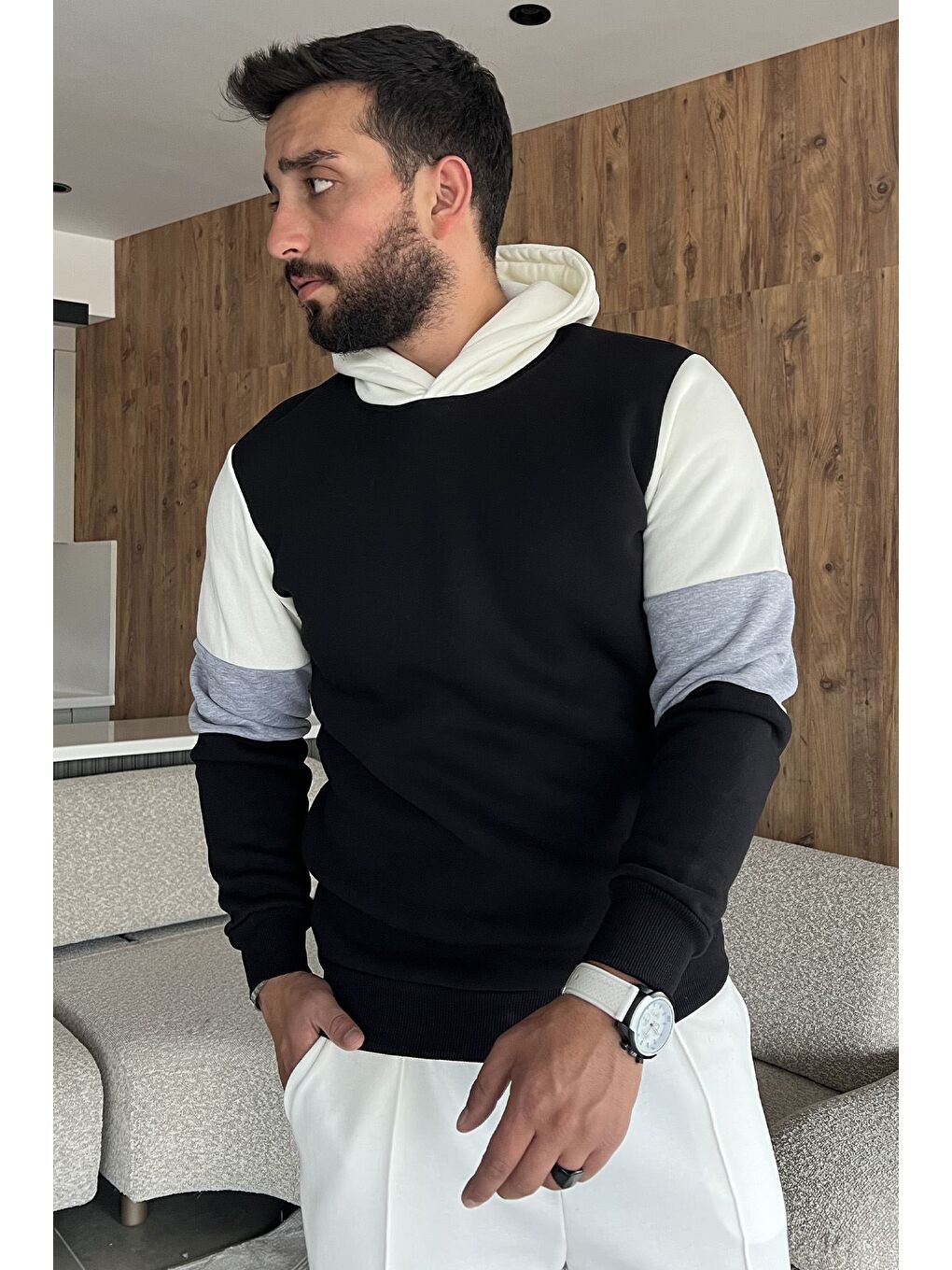 Siyah Erkek Kapüşonlu Üç İplik Şardonlu Sweatshirt-1