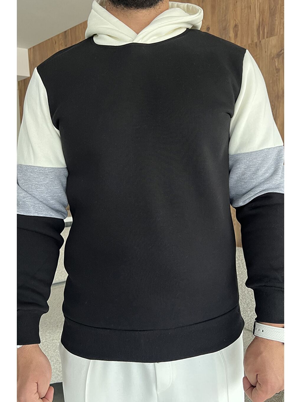 Siyah Erkek Kapüşonlu Üç İplik Şardonlu Sweatshirt-2