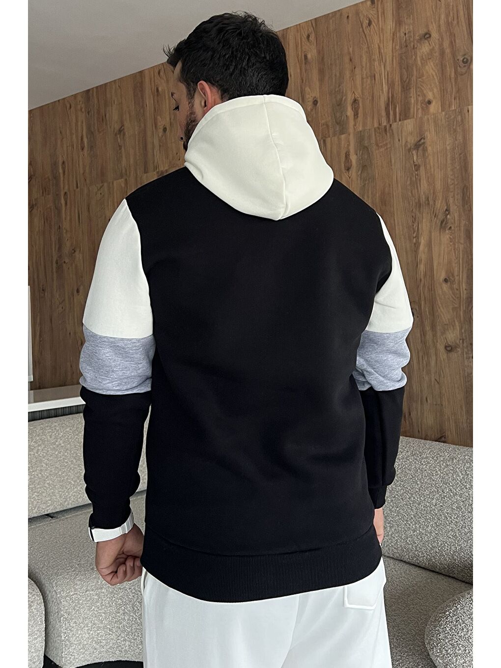 Siyah Erkek Kapüşonlu Üç İplik Şardonlu Sweatshirt-3