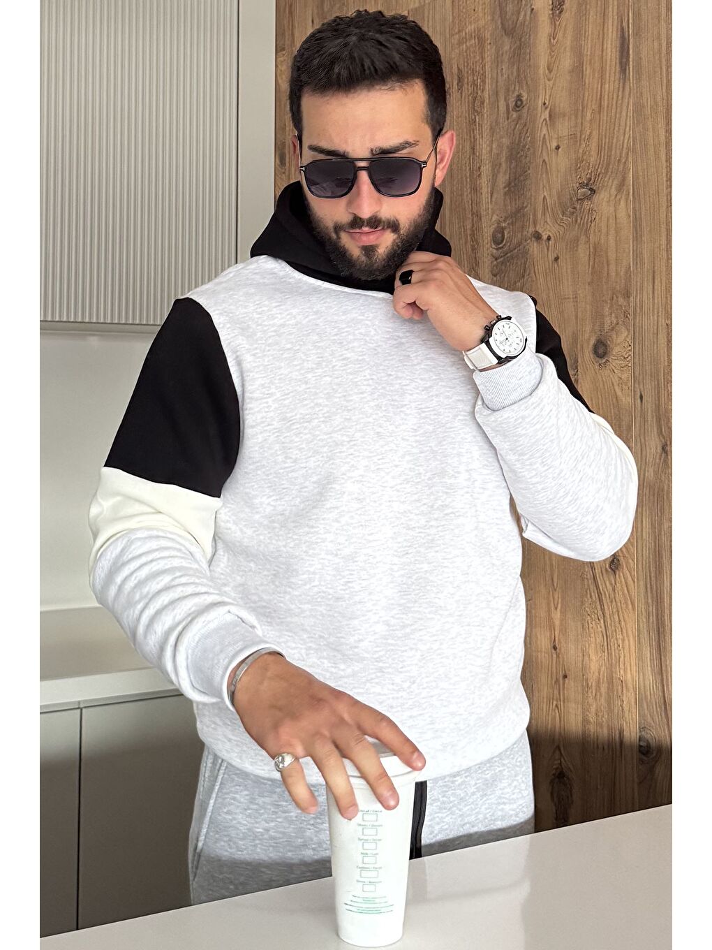 Gri Erkek Kapüşonlu Üç İplik Şardonlu Sweatshirt