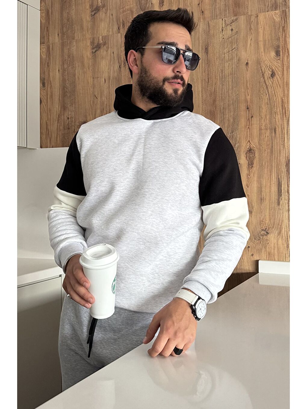 Gri Erkek Kapüşonlu Üç İplik Şardonlu Sweatshirt-1
