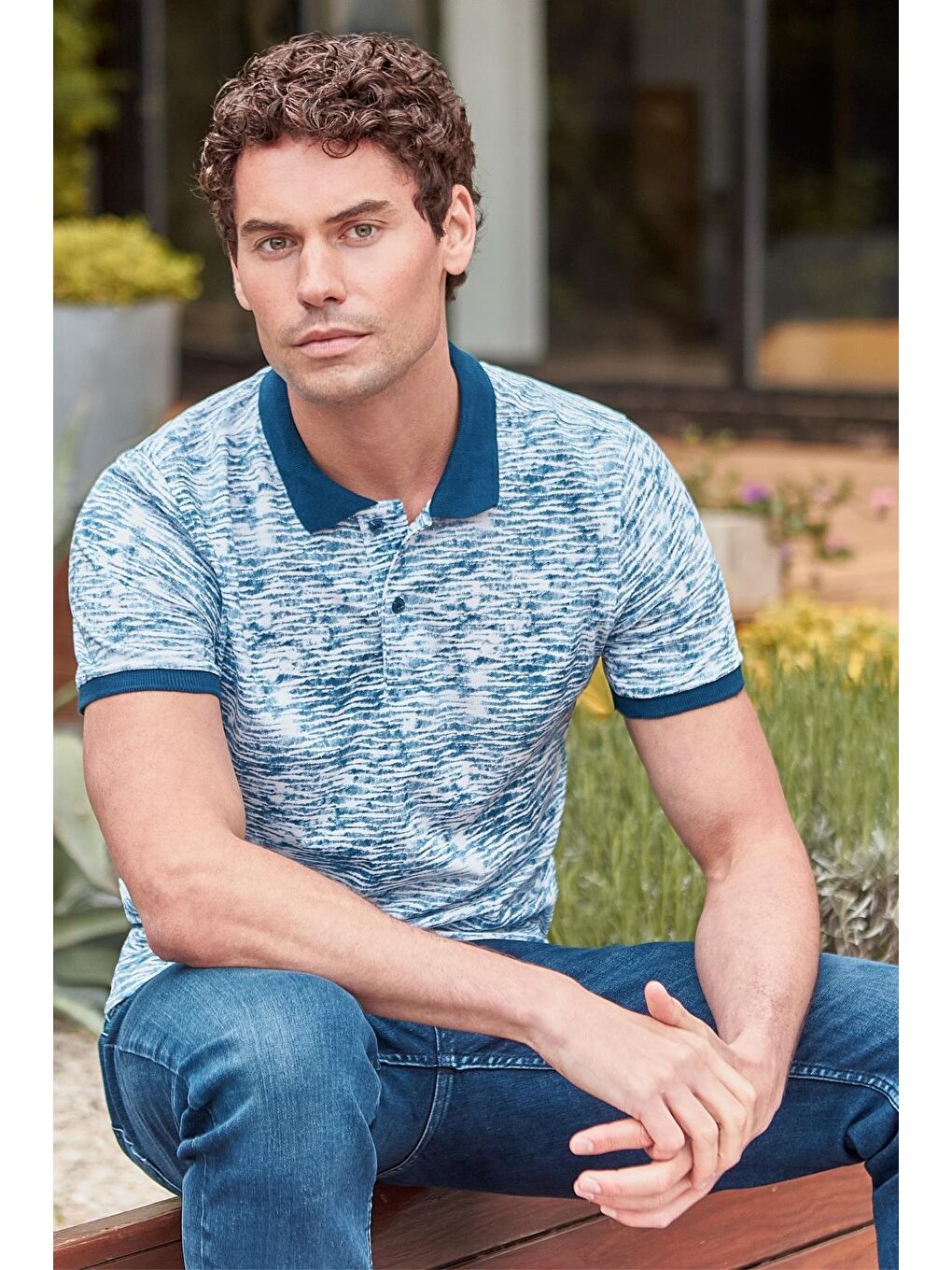 Lacivert Baskılı Pike Polo Yaka Garnili %100 Pamuk Casual Slim Fit Dar Kesim Tişört 1011240157-1