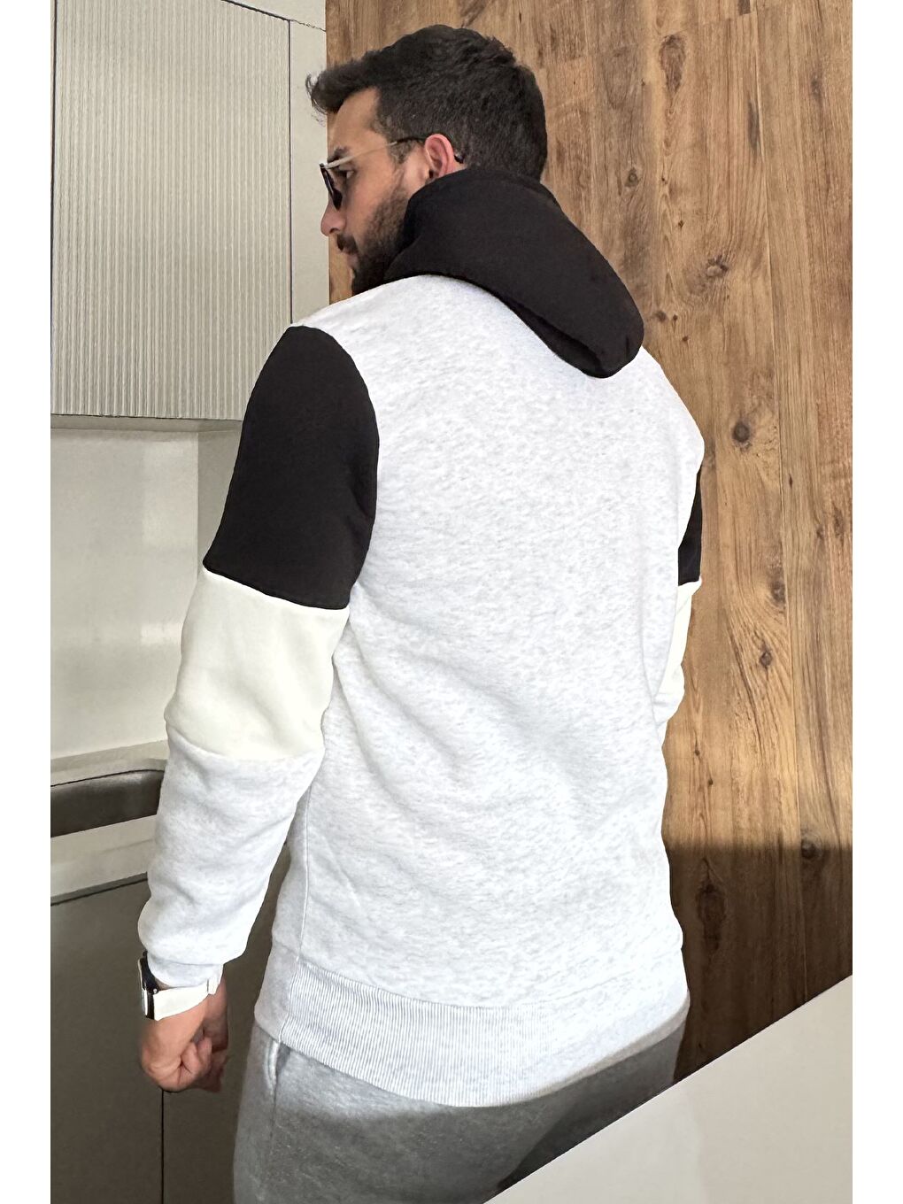 Gri Erkek Kapüşonlu Üç İplik Şardonlu Sweatshirt-3