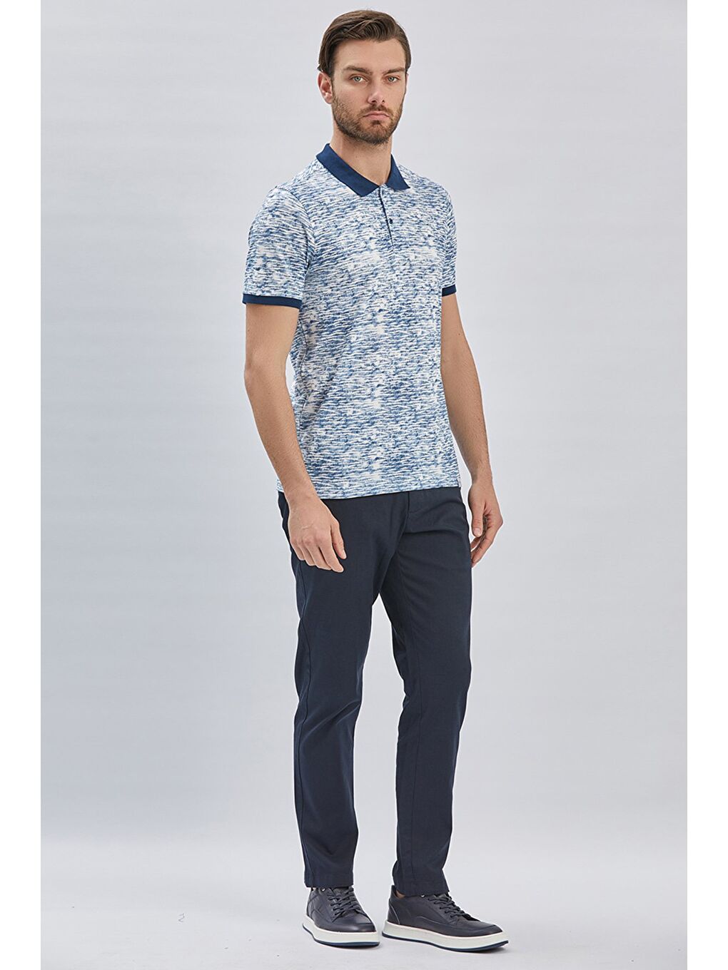 Lacivert Baskılı Pike Polo Yaka Garnili %100 Pamuk Casual Slim Fit Dar Kesim Tişört 1011240157-4