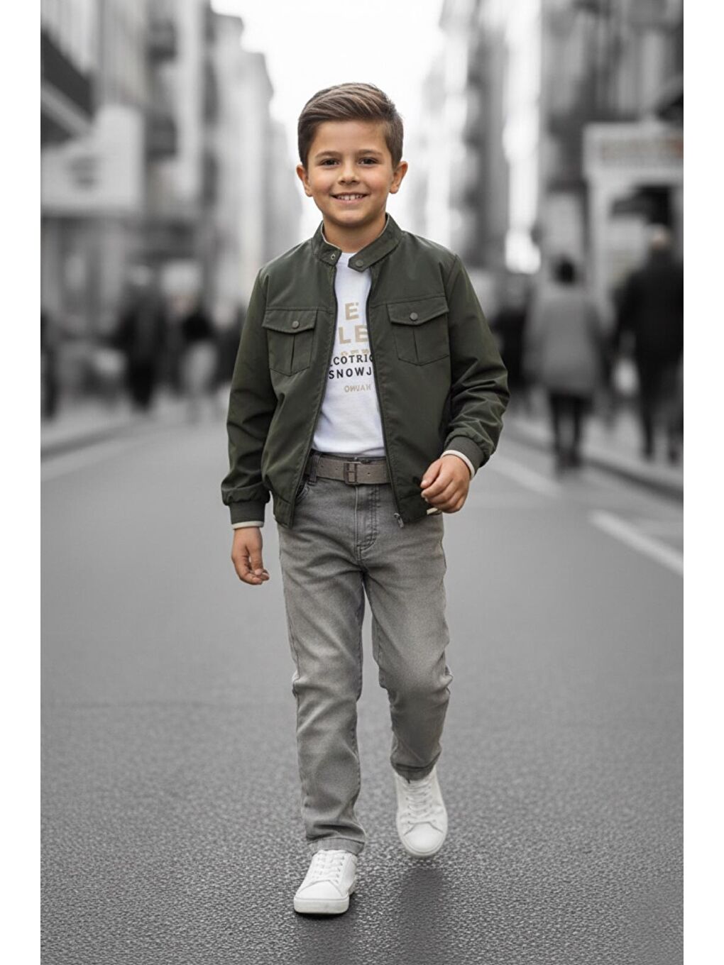 Haki Erkek Çocuk Çift Taraflı Ceketli Penye Bluzlu Keten Pantolonlu Takım Elbise TKM1602-1