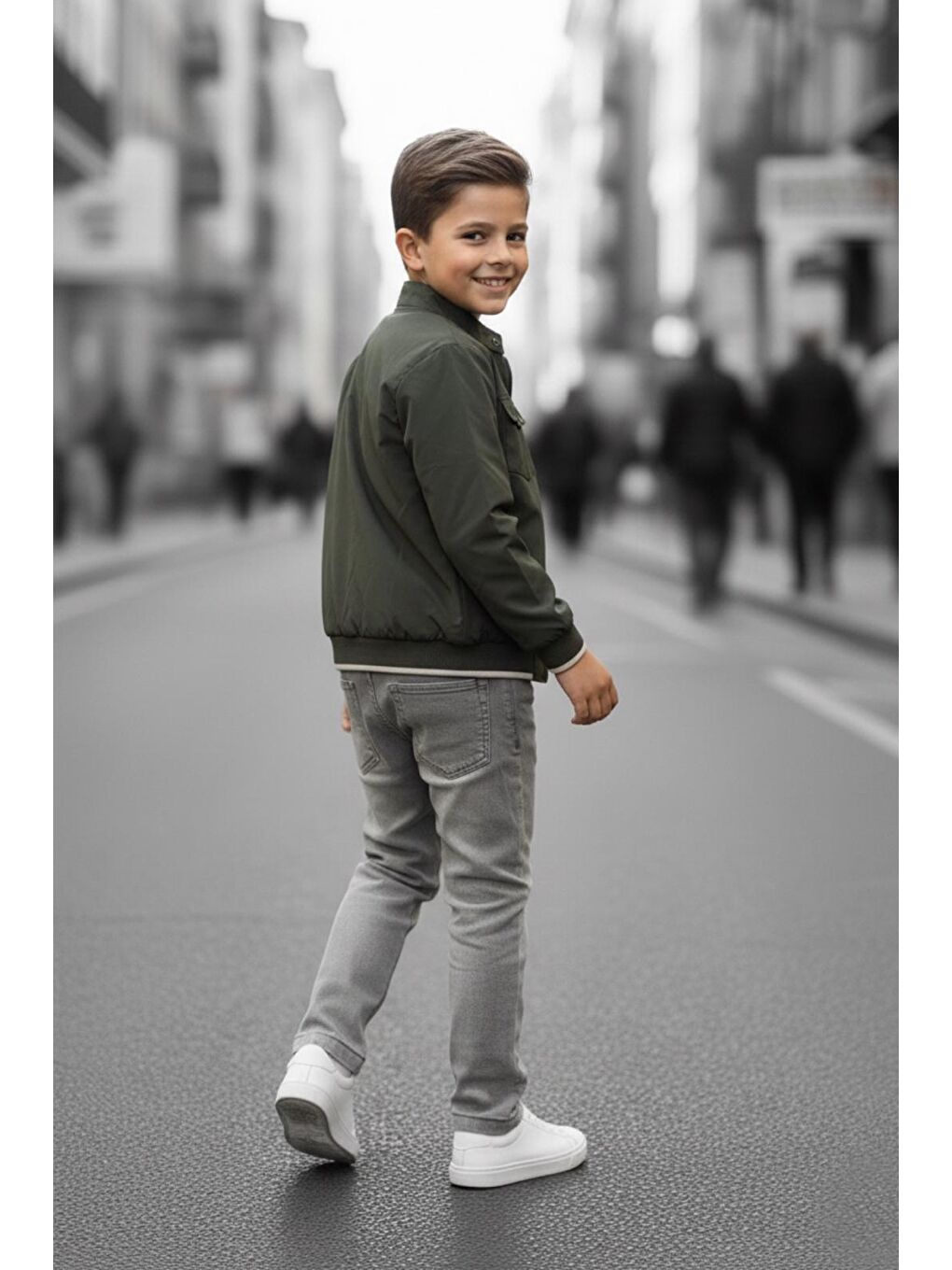 Haki Erkek Çocuk Çift Taraflı Ceketli Penye Bluzlu Keten Pantolonlu Takım Elbise TKM1602-2