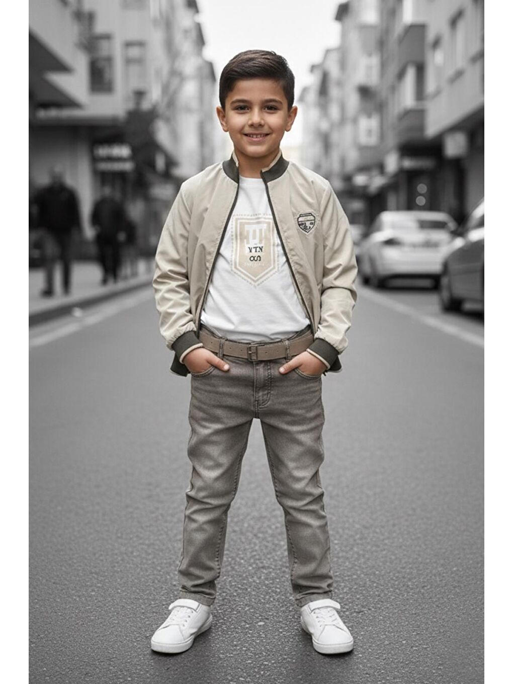 Haki Erkek Çocuk Çift Taraflı Ceketli Penye Bluzlu Keten Pantolonlu Takım Elbise TKM1602-3