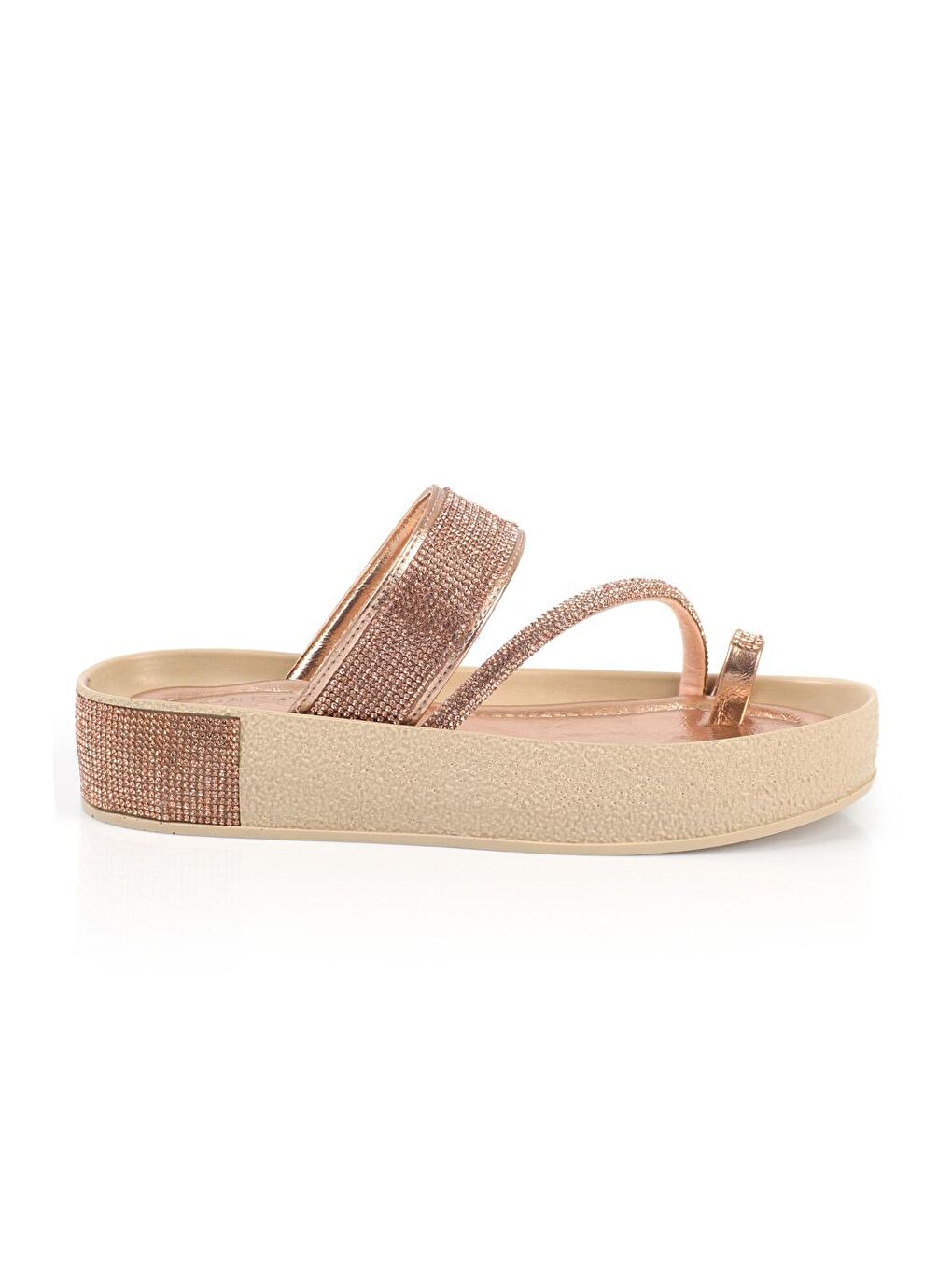 Pembe Taşlı Bantlı Taşlı Detaylı Dolgu Topuk Metalik Kadın Terlik